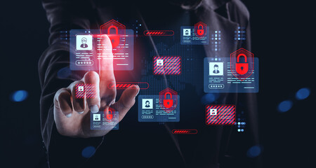 Digital identity protection concept with person interacting with virtual interface of secure profiles and password icons on dark abstract background.