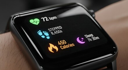Close up of a modern smartwatch displaying health and fitness data including heart rate steps calories and sleep tracking