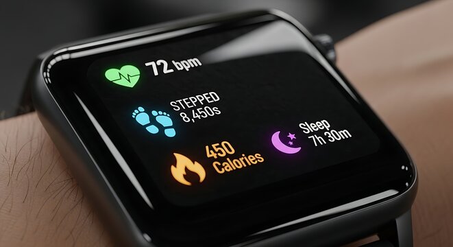 Close up of a modern smartwatch displaying health and fitness data including heart rate steps calories and sleep tracking