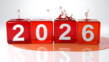 Four translucent red cubes displaying the year 2026 with liquid splashing from the top of each numeral.