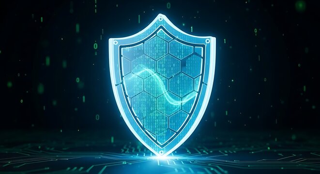Glowing blue digital shield with intricate circuitry and data streams symbolizing cybersecurity and online protection against threats