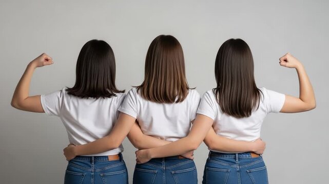 Three women in white tshirts and jeans flexing their biceps