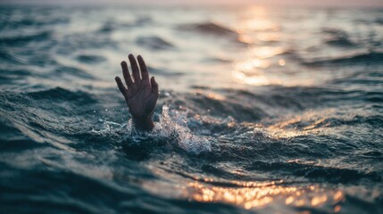 A hand emerges from turbulent ocean waves as the sun sets in the background. The scene captures a moment of desperation and struggle against the challenging sea.