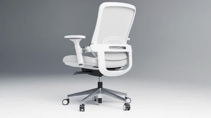 A sleek, white mesh-backed office chair with adjustable arms and silver base