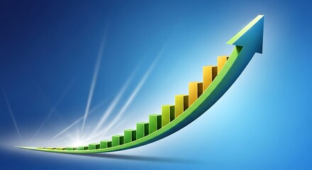 Abstract upward trending green and yellow bar graph with a large arrow indicating financial growth and success on a blue background