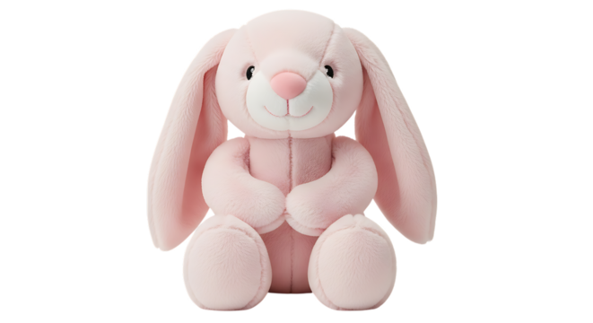 Cute pink plush bunny rabbit toy isolated on transparent background