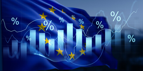 European Union economic growth hologram concept with flag background and percentage symbols in futuristic financial data visualization style. 3D Rendering © ImageFlow