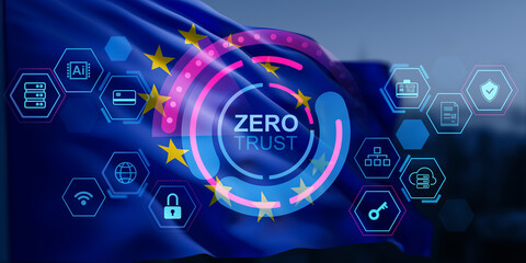 Cybersecurity zero trust hologram concept over European Union flag background with digital security icons and abstract technology elements. 3D Rendering