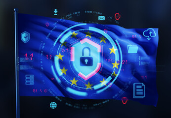 Digital data protection concept with padlock icon over EU flag using double exposure and cyber elements on dark background in 3D Rendering. 3D Rendering