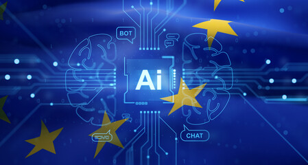 Artificial intelligence concept with EU flag and digital brain in double exposure style representing technology and regulation in Europe cyber world. 3D Rendering
