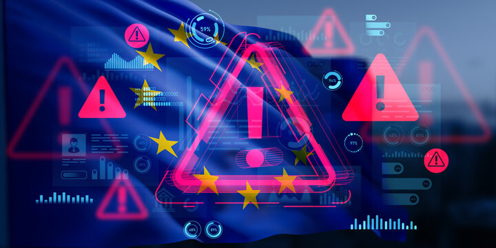 Digital warning alert hologram over EU flag with futuristic data interface, concept of cybersecurity and data breach on abstract background. 3D Rendering