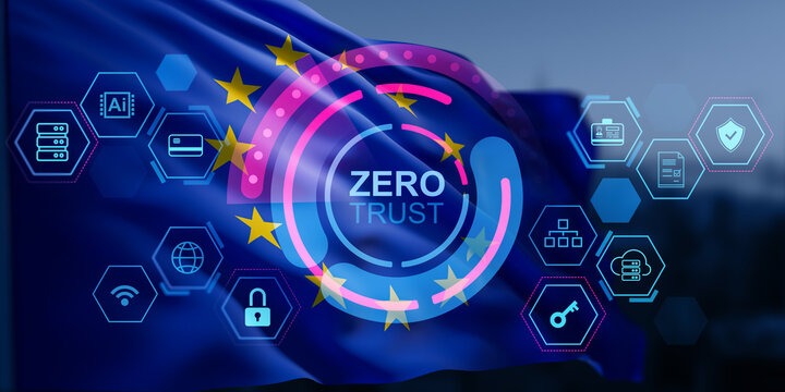 Cybersecurity zero trust hologram concept over European Union flag background with digital security icons and abstract technology elements. 3D Rendering