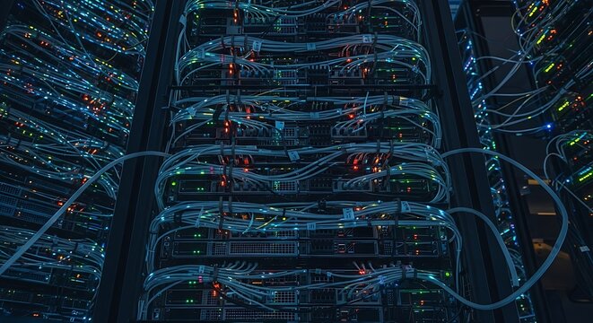 Intricate network of glowing blue and green server racks filled with cables and blinking lights in a dark data center