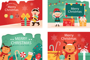cartoon Christmas characters, Santa Claus, Christmas elf, reindeer, presents, holly, red and green background, digital illustration, vector graphic

