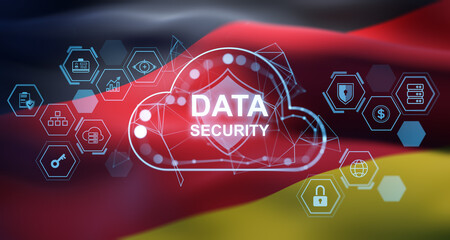 Data security cloud concept with digital icons and shield over German flag background in double exposure style, emphasizing cybersecurity technology.. 3D Rendering