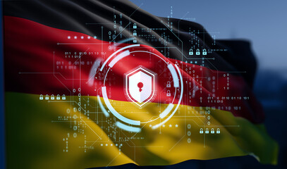 Cybersecurity concept with digital shield and lock hologram over German flag background...