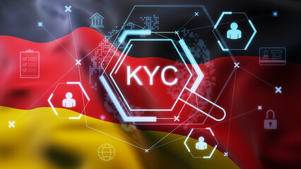 KYC digital identity verification concept with holographic interface over German flag background representing secure compliance technology system. 3D Rendering