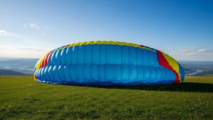 Obraz premium Colorful Hot Air Balloon Resting on Green Field Under Clear Blue Sky