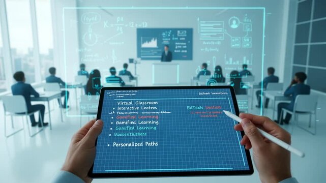 Futuristic classroom with AR learning dashboard — concept: edtech, personalized learning - Powered by Adobe