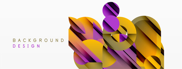 Abstract geometric shapes overlap, creating vibrant yellow, purple gradients. Modern design element for backgrounds, presentations.