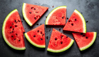 Sliced watermelon arranged on dark grey textured surface, top view