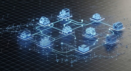 Connected network of industrial buildings and transport vehicles exchanging data on a dark surface, showcasing modern logistics and supply chain management.
