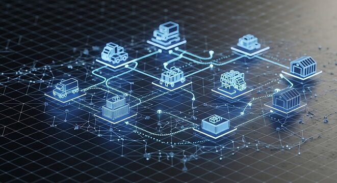 Connected network of industrial buildings and transport vehicles exchanging data on a dark surface, showcasing modern logistics and supply chain management.
