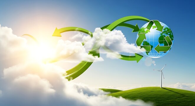 Green arrows forming a recycling symbol around a glowing earth globe with renewable energy wind turbine on a lush green hill under bright sunny sky