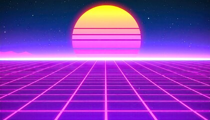 Retro Sunset Over a Purple Gridded Horizon