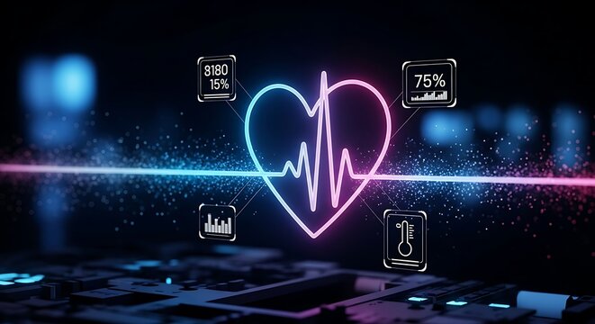 Futuristic digital heartbeat graphic with neon heart and electrocardiogram pulse on dark background with technology elements