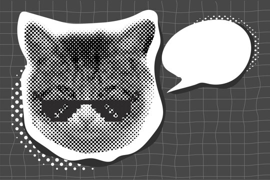 Cat with pixel glasses halftone collage sticker empty trendy bubble cloud, trendy retro y2k pet, funky emoticon animal, pop aesthetic. Meme head with speech bubble. Funny kitty.
