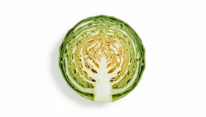 Half-cut cabbage showing inner layers and natural texture, isolated on a pure white background. Ideal for healthy food design and fresh produce visuals.