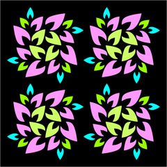 Four radiant floral mandalas bloom in harmony, blending pink, green, and cyan hues to symbolize growth, balance, and the rhythm of renewal.