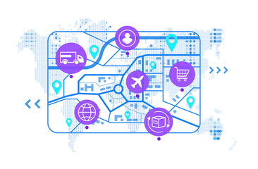 Global logistics and supply chain concept with delivery, shopping, and transport icons on stylized map background in digital sketch style interface. 3D Rendering