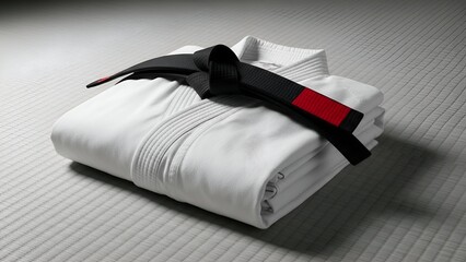 White Karate Gi with Black and Red Belt Folded on Mat in Martial Arts Dojo