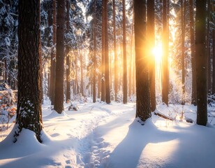 Snowy forest scene, sun shining through trees, creating a bright, crisp view