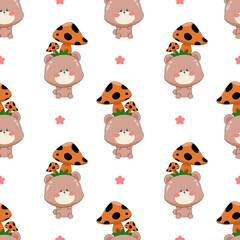 Adorable Kawaii Bear and Mushroom Seamless Pattern, Cartoon Animal Vector Background
