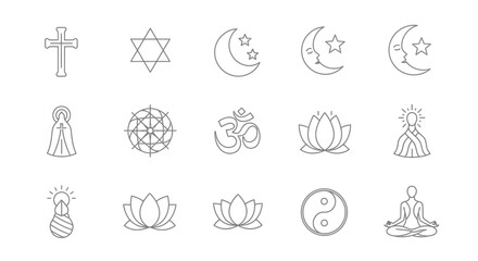 Collection of outline symbols representing various religions and spiritual beliefs