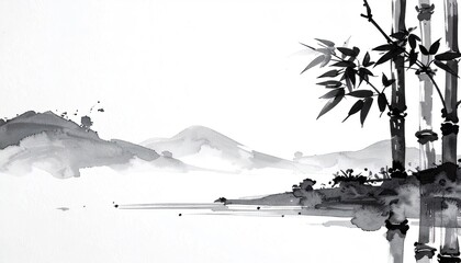 Monochrome Ink Wash Painting of Bamboo and Mountain Landscape
