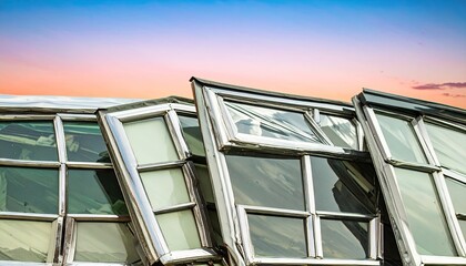 Stacked Retro Windows with Chrome Bevels Against a Sunset Sky