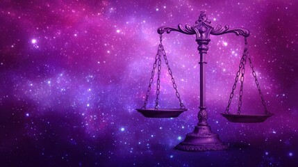 Scales symbolize balance and fairness set against a striking backdrop of stars and colorful cosmic clouds. The scene evokes a sense of harmony and justice in a galaxy.