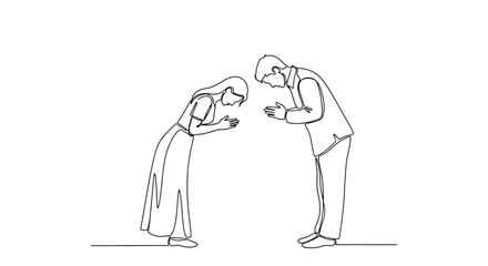 Continuous line drawing illustration of a bowing couple conveying respect and appreciation within