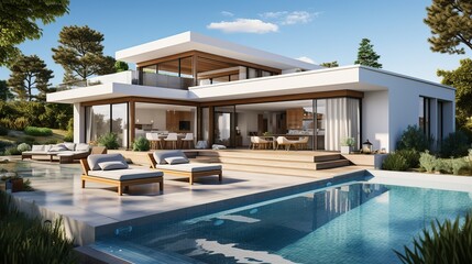 Fototapeta premium A luxurious modern villa with an infinity pool and ample seating in a sun-drenched landscape.