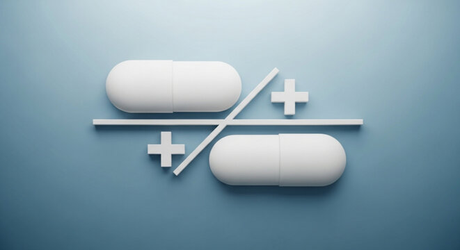 Pills and plus signs forming a fraction concept of medication dosage, balance, and pharmaceutical calculation