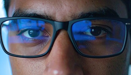Closeup of a Man's Face Wearing Blue Light Glasses