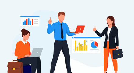 Flat vector illustration of a professional business team analyzing data with charts and graphs for strategic planning and company growth