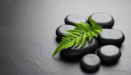 Spa Still Life: Dark Grey Stones and Fern on Slate