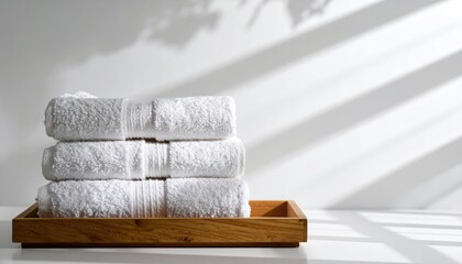Neat Stack of White Bath Towels on Wooden Tray with Soft Light and Shadows