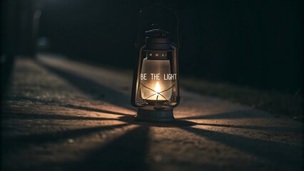 Lit vintage lantern casting shadows in the dark
