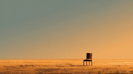 Lonely chair sitting in the desert under the golden sky